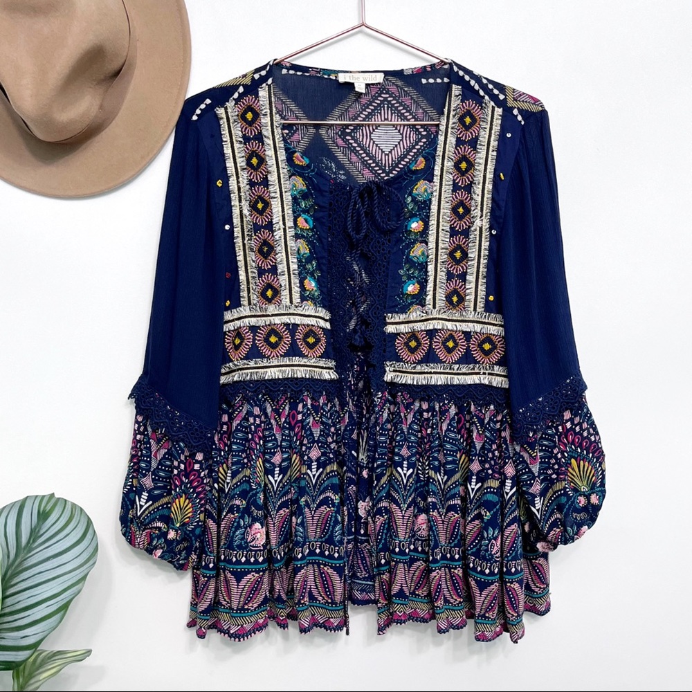 i the wild | embroidered floral boho kimono jacket tassel tie navy pink m